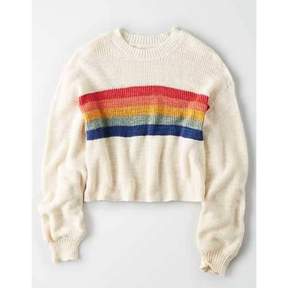 American Eagle Medium Sweater Rainbow Stripe Cropped Balloon Sleeve Oversized